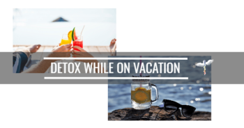 Collage of couple in a vacation while enjoying healthy drinks and detoxing together