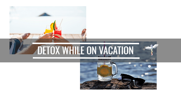 Collage of couple in a vacation while enjoying healthy drinks and detoxing together